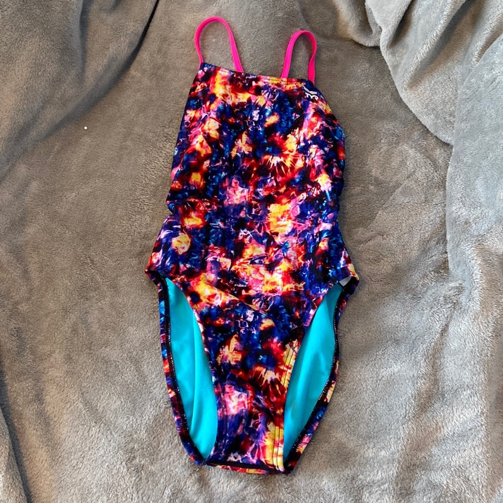 USED TYR practice suit size 26 multi color with a blue color inside
